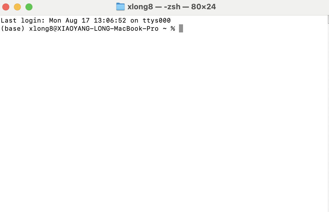 A macOS Terminal window showing the prompt xlong8@XIAOYANG-LONG-MacBook-Pro ~ % with the cursor ready for input.