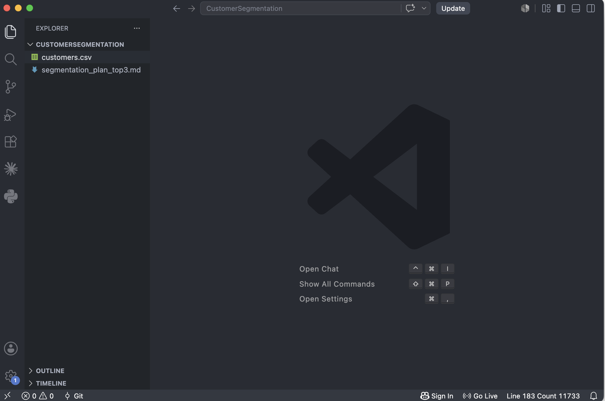 VS Code with a project folder named CustomerSegmentation open: the Explorer sidebar lists customers.csv and segmentation_plan_top3.md, and the folder name appears in the top bar.