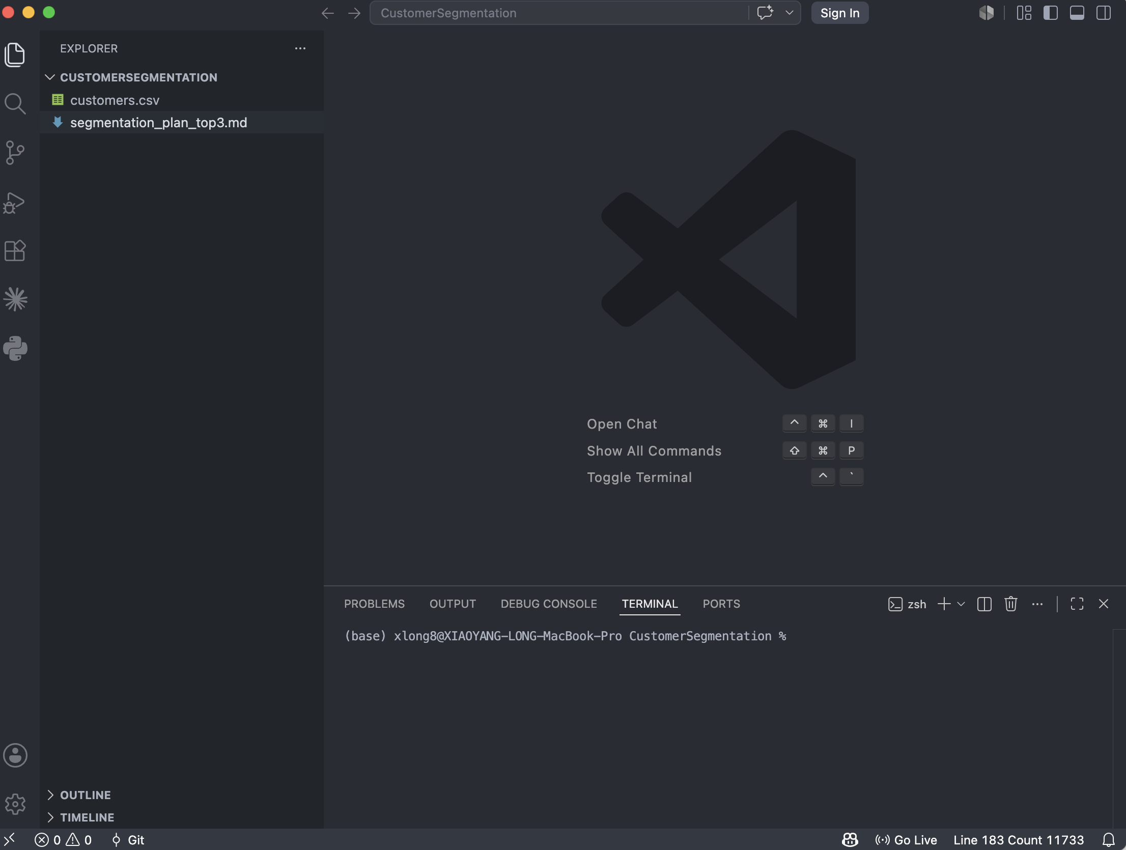 VS Code with the integrated terminal panel open at the bottom, showing an empty shell prompt ready for a command.