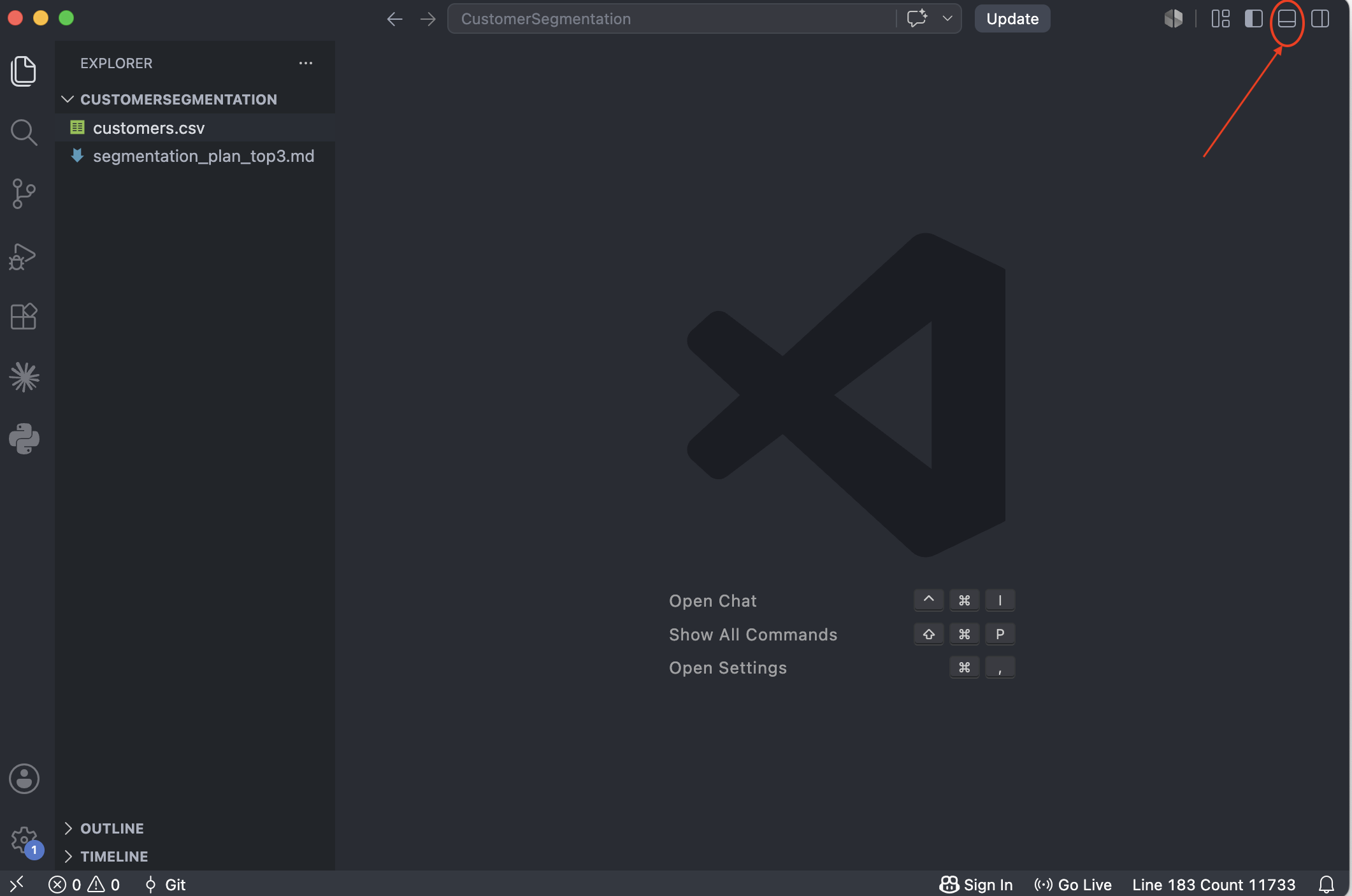 The VS Code top-right toolbar with the second-to-last icon — the Toggle Panel icon, which opens the integrated terminal — circled in red.