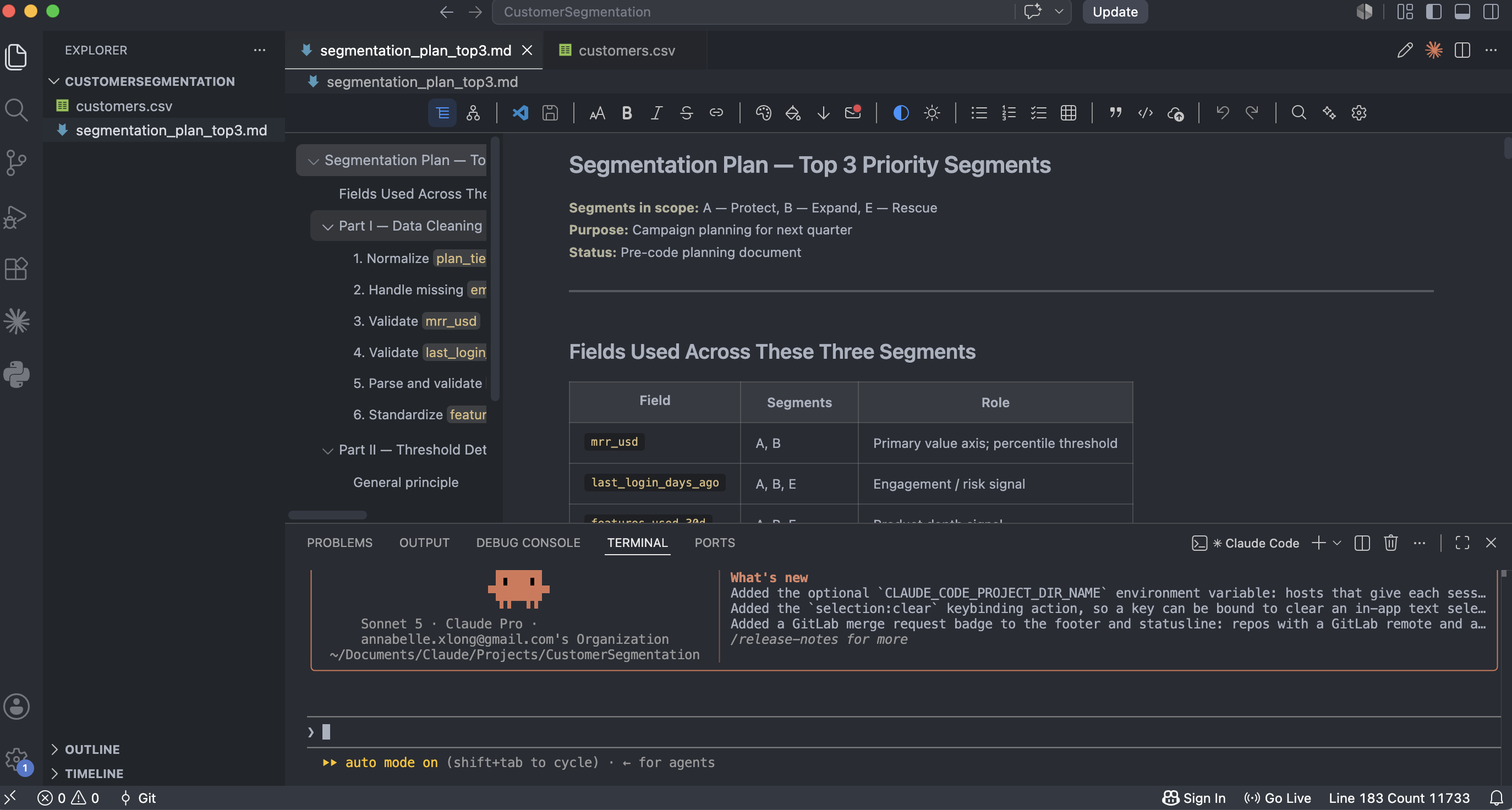 A VS Code window with the sidebar on the left listing project files, an editor in the center showing a Markdown planning document, and the integrated terminal at the bottom running a Claude Code session.
